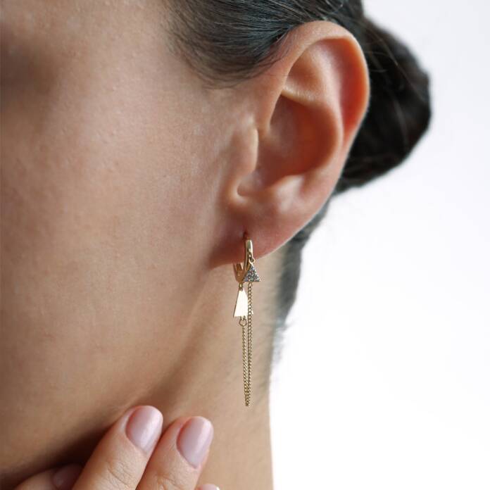 Taşlı Üçgen Zincir Sallantılı Küpe - 1