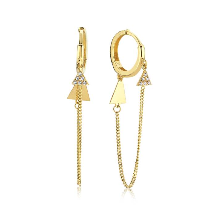 Taşlı Üçgen Zincir Sallantılı Küpe - 3