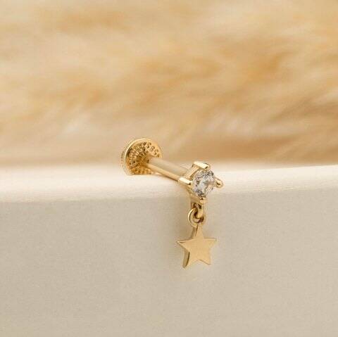 Taşlı Yıldız Sallantılı Minimal Tragus Piercing - 4