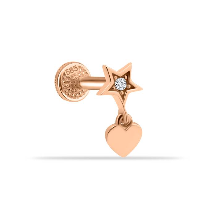 Taşlı Yıldızlı Kalp Sallantılı Minimal Tragus Piercing - 1
