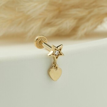 Taşlı Yıldızlı Kalp Sallantılı Minimal Tragus Piercing - 3
