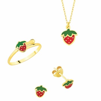 Tatlı Çilek Figürlü 14 Ayar Kız Çocuk Altın Takı Seti - Melike