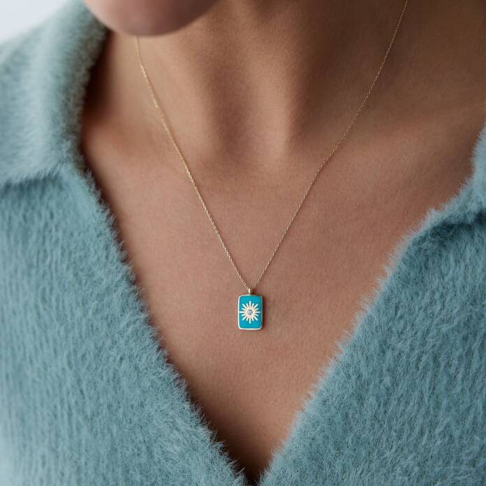 Turkuaz Mineli Plaka Yıldız Kolye - 1