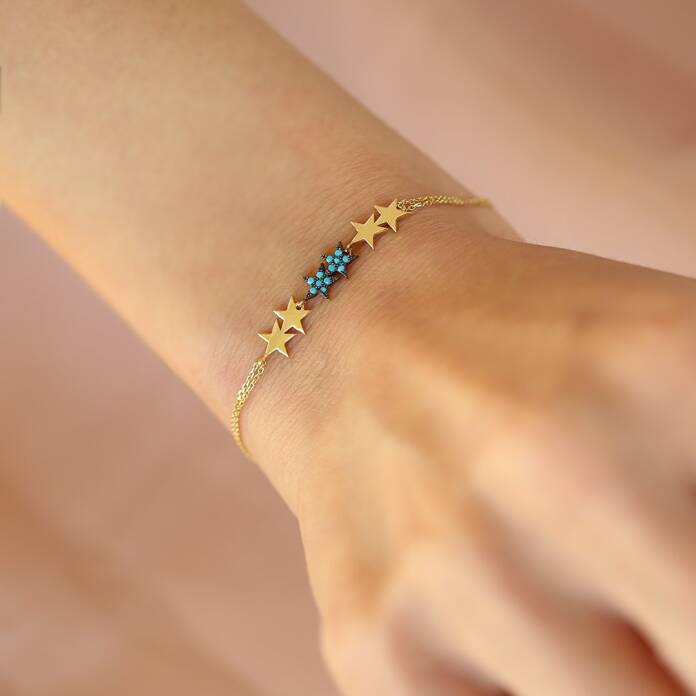 Turkuaz Taşlı Sıra Yıldızlı Bileklik - 1
