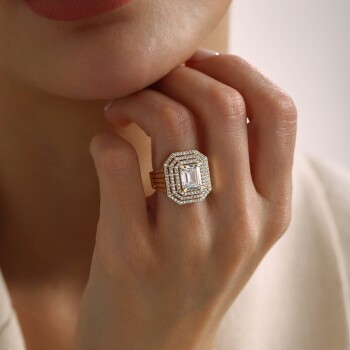 Üç Çerçeve Taşlı Sandık Baget Yüzük - Oragold Orhan