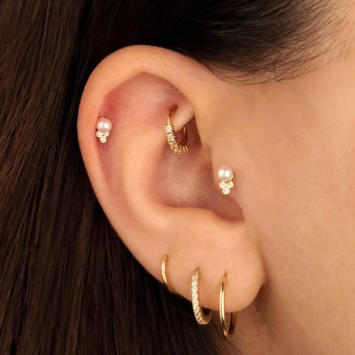 Üç Top Taşlı İncili Tragus Piercing - 2