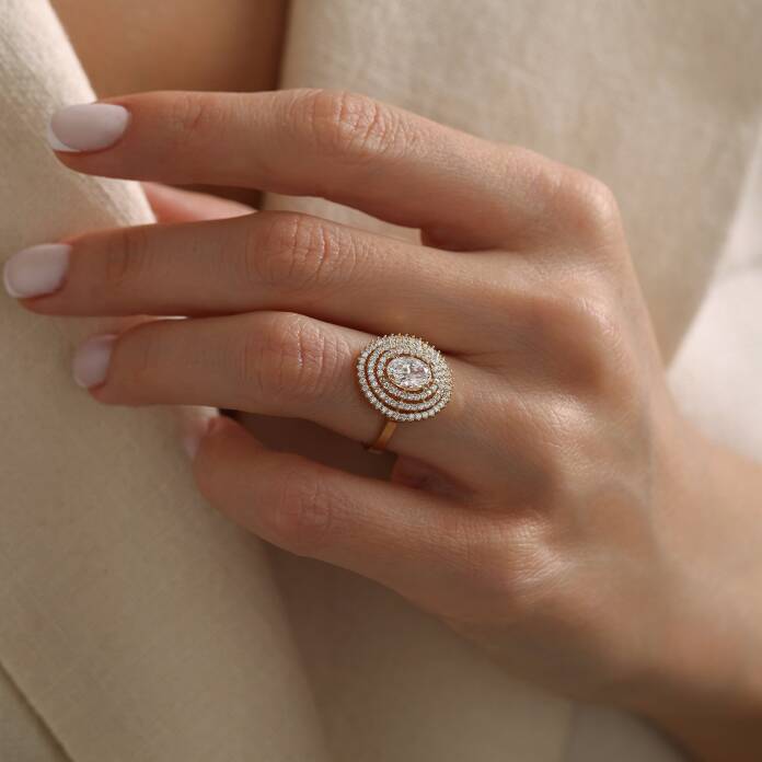 Üç Tur Taşlı Oval Tektaş Yüzük - 2