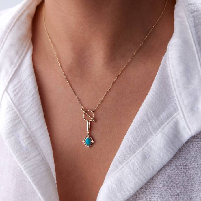 Vida Kilit Oval Turkuaz Mineli Vintage Kolye - 1