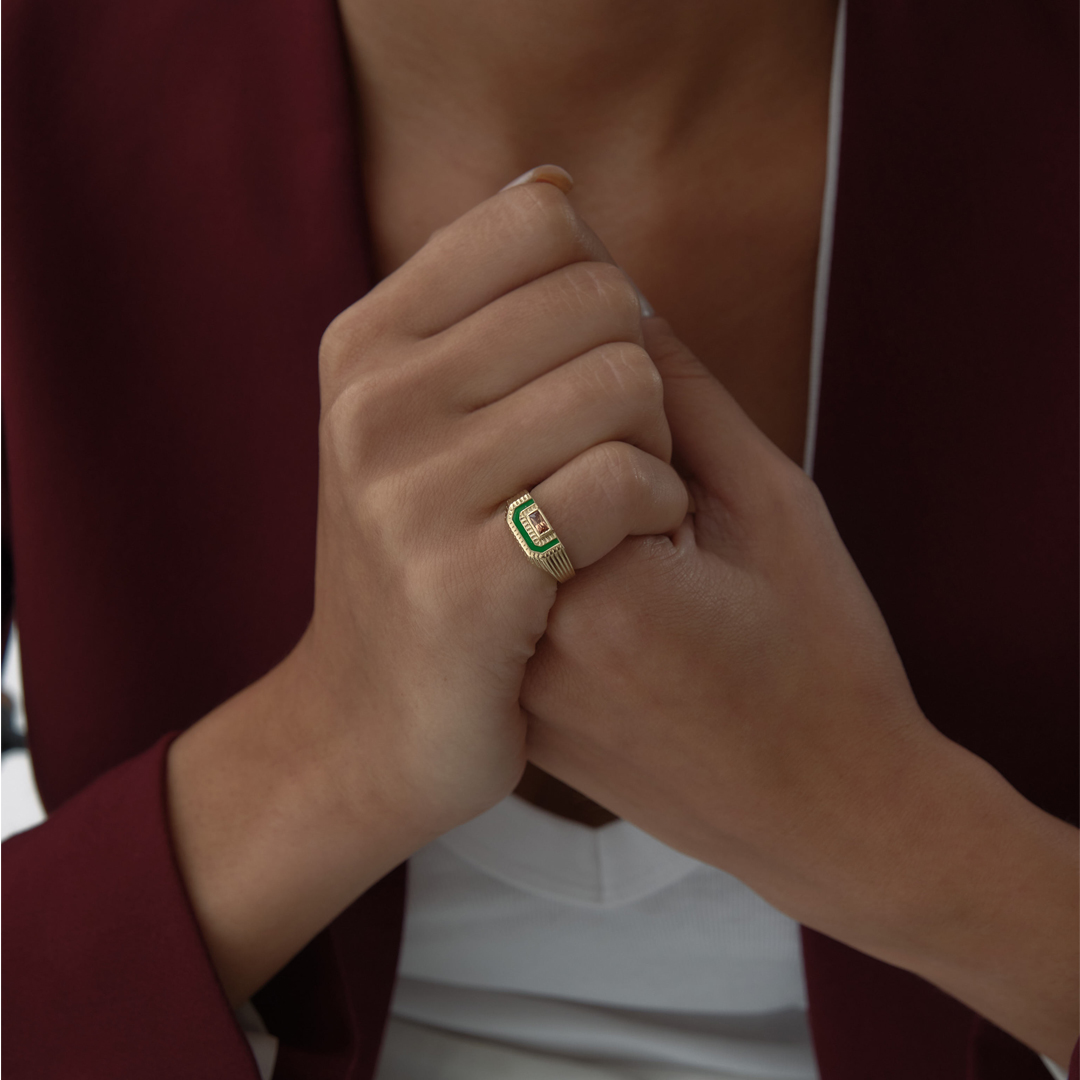 Yeşil Taşlı Cropped Octagon Yüzük - 2