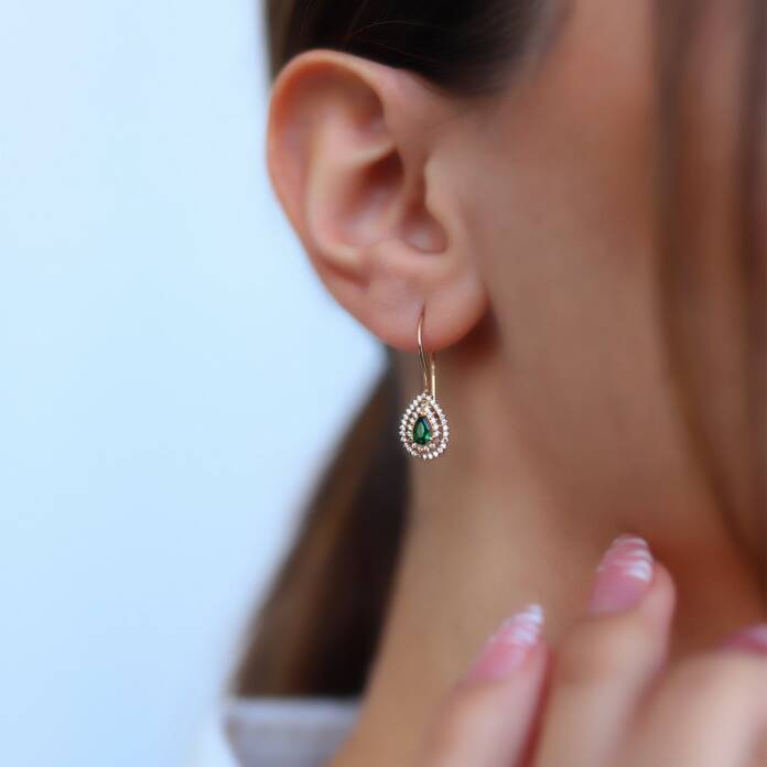 Yeşil Taşlı Damla Sallantılı Küpe - 1