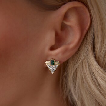 Yeşil Taşlı Üçgen Tasarım Küpe - Cemart