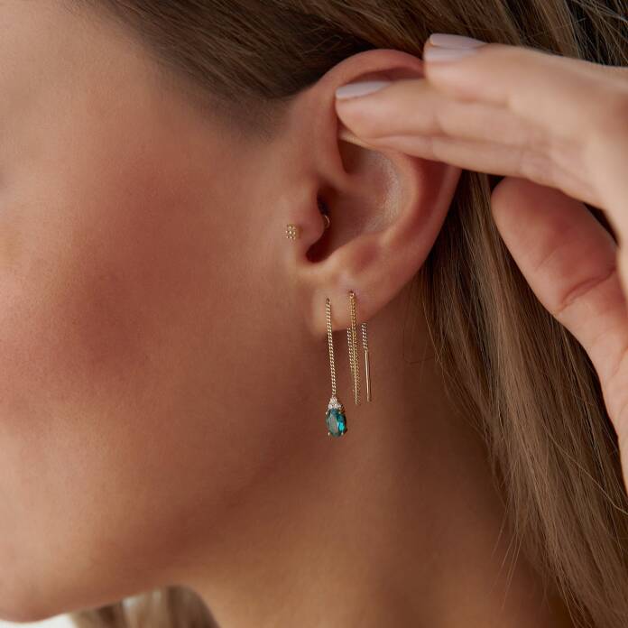 Yeşil Taşlı Zincir Sallantılı Küpe - 2