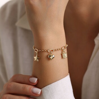 Yıldız Kalp Kilit Charm Bileklik - Koçak