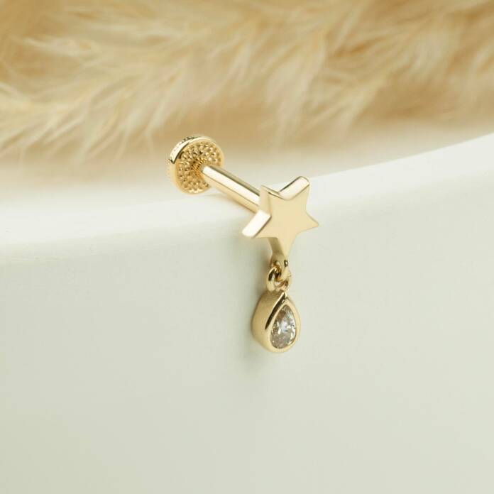Yıldızlı Damla Taş Sallantılı Minimal Tragus Piercing - 3