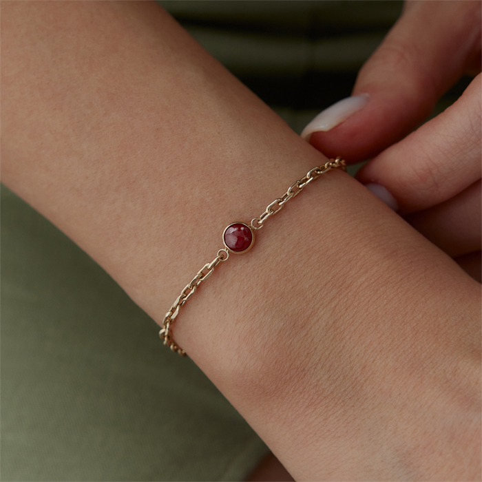 Yuvarlak Bordo Taşlı Zincir Bileklik - Mazi