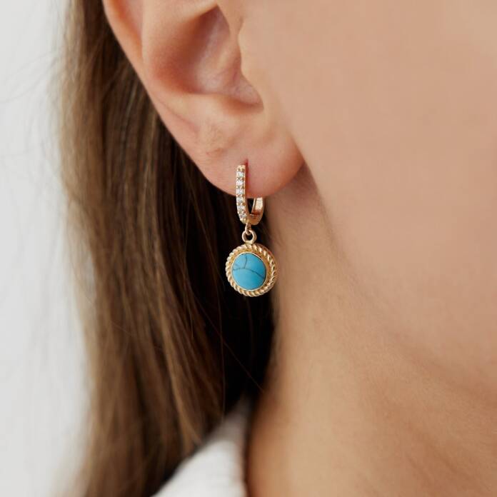 Yuvarlak Firuze Taşlı Sallantılı Küpe - 1