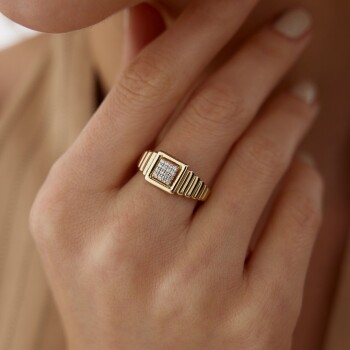 Yuvarlak Taşlı Kare Şovalye Yüzük - Ali Altınbas